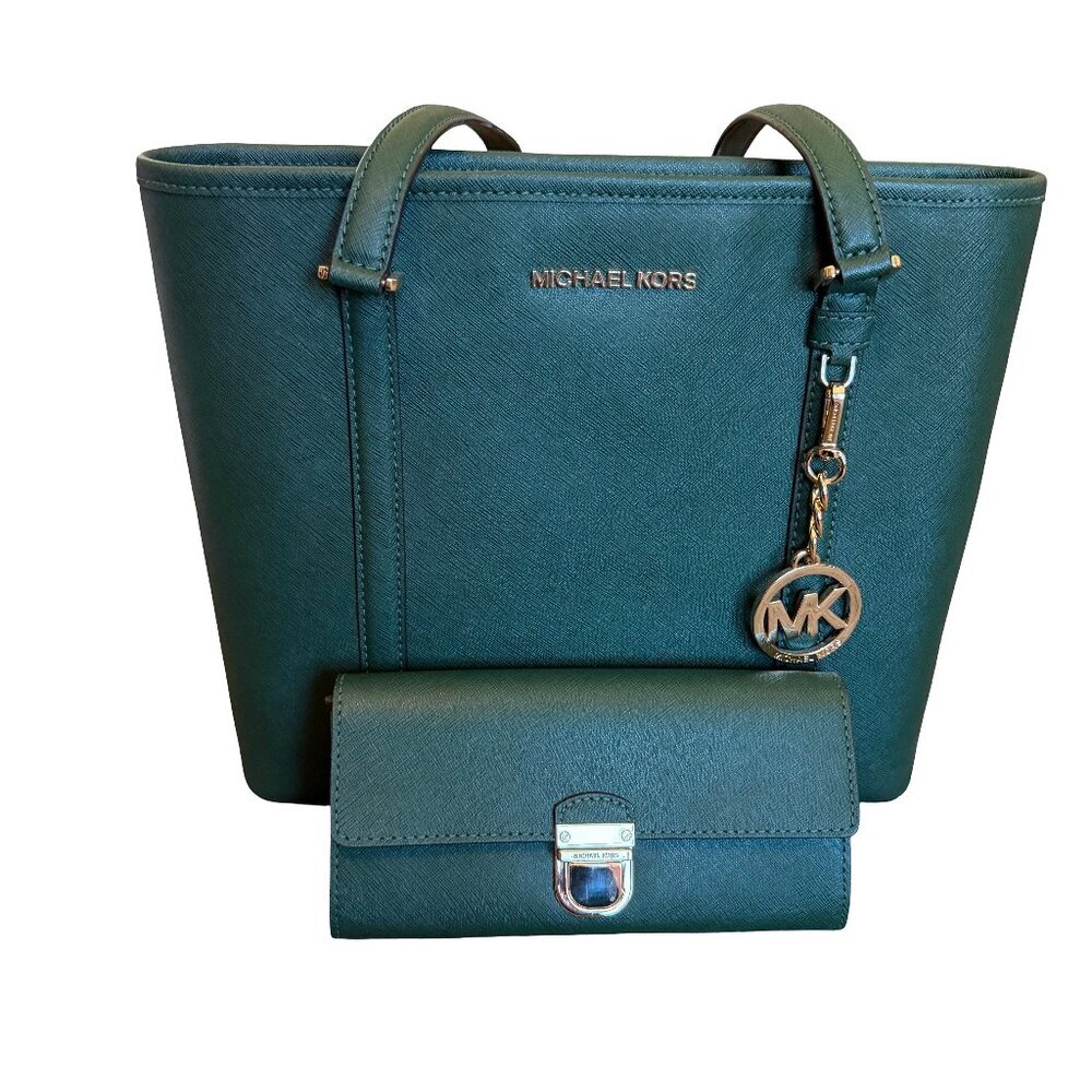 Michael Kors Sady Shoulder Bag Tote Purse Moss Green Gold+ Matching Wallet - Picture 1 of 11